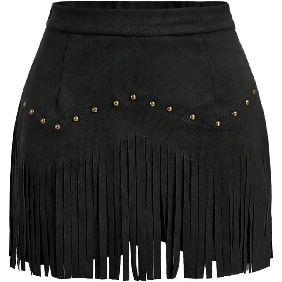 Women's High-Waist Suede Fringe Trim Mini Skirt - Cowboy Look Bottom for Leisure Country Concert Outdoor Activities
