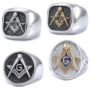 Vintage AG Masonic Stainless Steel Men's Ring Electroplated Blackened Trendy Vintage Ring Punk Gothic Style Ring