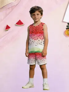 Boys' Watercolor Style Watermelon Seed Full Print Gradient Short Set, Breathable Comfortable Fabric, Perfect for Summer Daily Wear