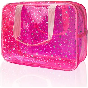 Hot Pink Star Large Cosmetic Bag 12x5x8 inch Travel Pouch with Handle,Durable PVC Material,Zipper Design-Ideal for Makeup,Travel Essentials