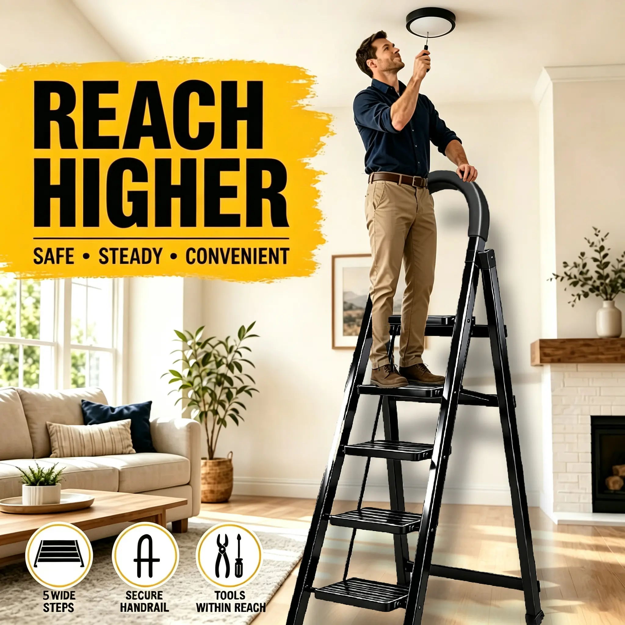 Heavy-Duty 5-Step Folding Ladder | Free Shipping | 500 LBS Capacity Steel Ladder for Garage, RV, and Commercial Use