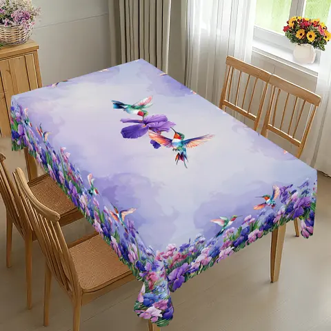XEXSIN Waterproof Hummingbird Art Deco Polyester Tablecloth - Purple Multi-Size Round/Rectangle Patio Dining Table Cover, Farmhouse Decor for Anniversary, Birthday, Easter, All-Season Indoor-Outdoor Use