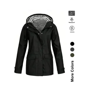 Women's Long Hooded Raincoat, Anti-Static Waterproof Lightweight Jacket, Full Zipper Windproof Outdoor Coat for All Seasons