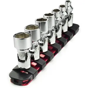 Universal Flex Socket Set - 6-Point Swivel Socket Set - Swivel Joint for Easier Access to Tight Spaces - Aluminum Socket Storage Rail Included (1/4" Dr. 7PCS SAE SET)