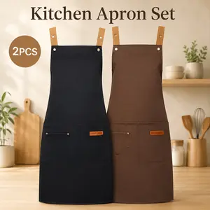 Premium 2-Piece Apron Set - Black & Brown Heavy Duty Chef Aprons with Pockets (Cooking, BBQ, Baking, Workshop)