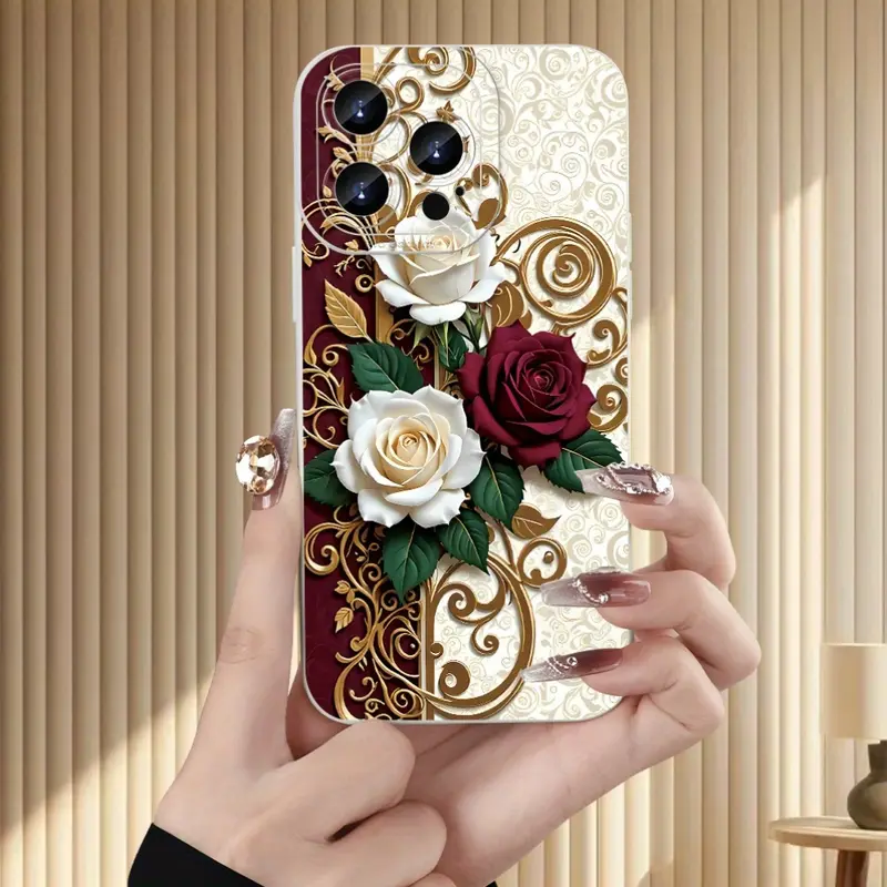 Gold-plated, two-tone rose and Baroque pattern printed, shockproof and anti-slip TPU full-coverage phone case, suitable for iPhone 17, 16, 15, 14, 13, 12, 11, Samsung and other series models. Makes a great gift for friends or family.