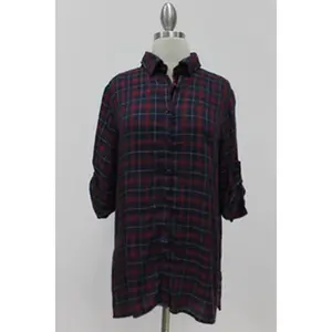 Button Up Plaid Quarter Sleeve Top - Navy/Burgundy - Curvy