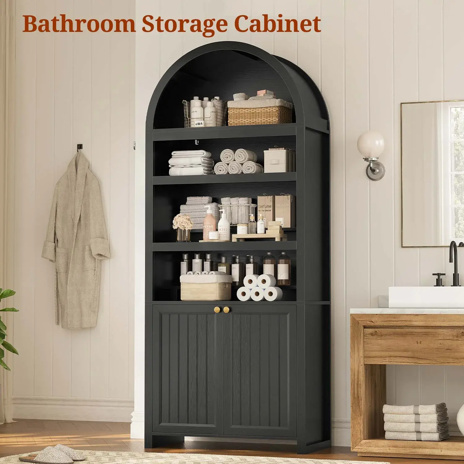 Sikaic Tall Arched 6 Tier Bookcase with Door, Black Display Shelf Furniture for Living Room and Apartment Decor