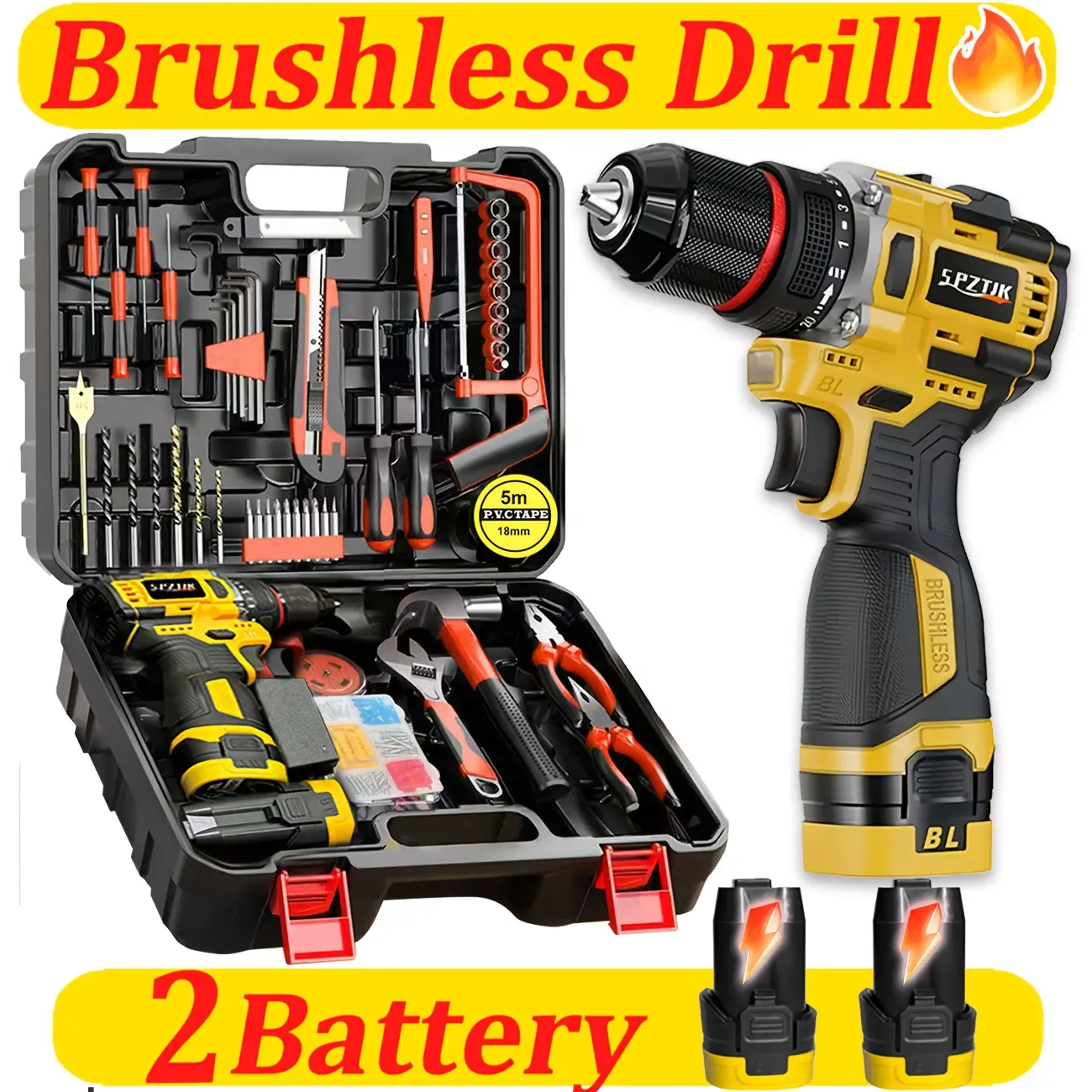 SPZTJK 18V Lithium-ion Cordless Drill - Power Tool Kit for Home and DIY Projects, 18+1 Torque Setting Cordless Drill Combo Kit, 2 Speeds, LED Light, and Compact Design for Home, Garden, and Office Repair and Maintenance.