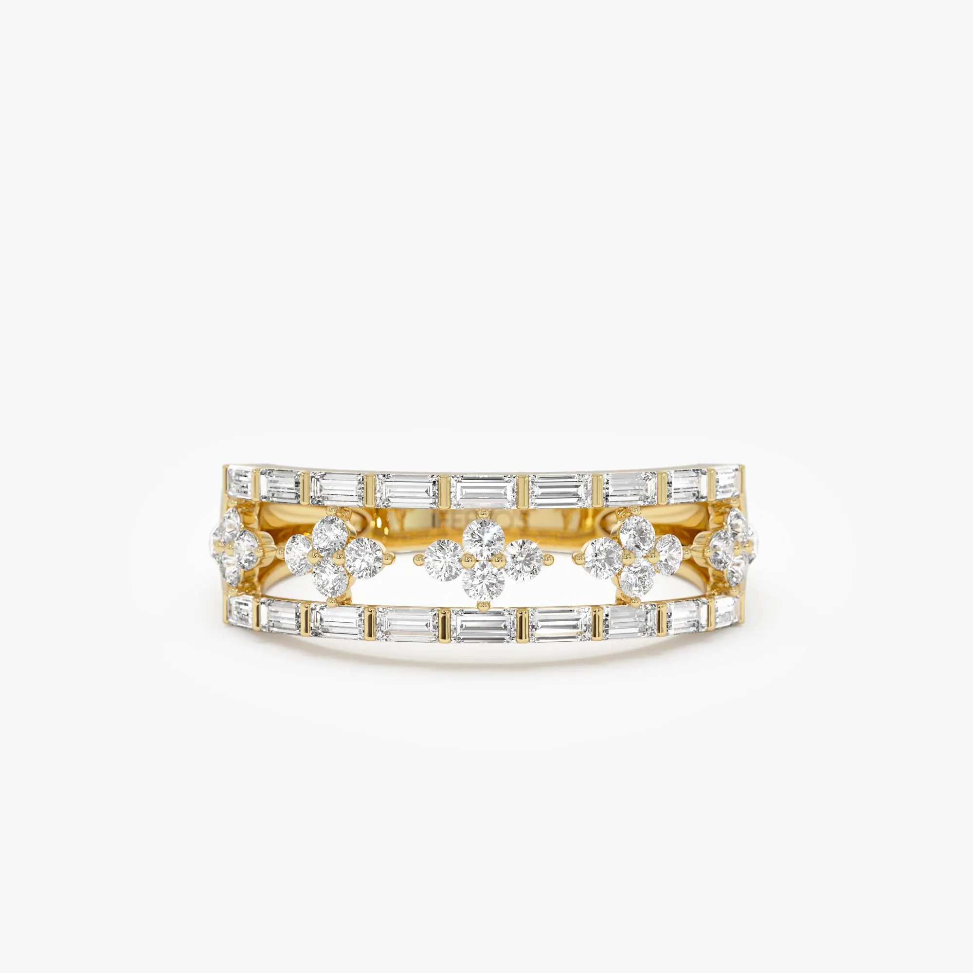 14k Wide Band Ring with Baguette and Round Diamond Cluster Accents