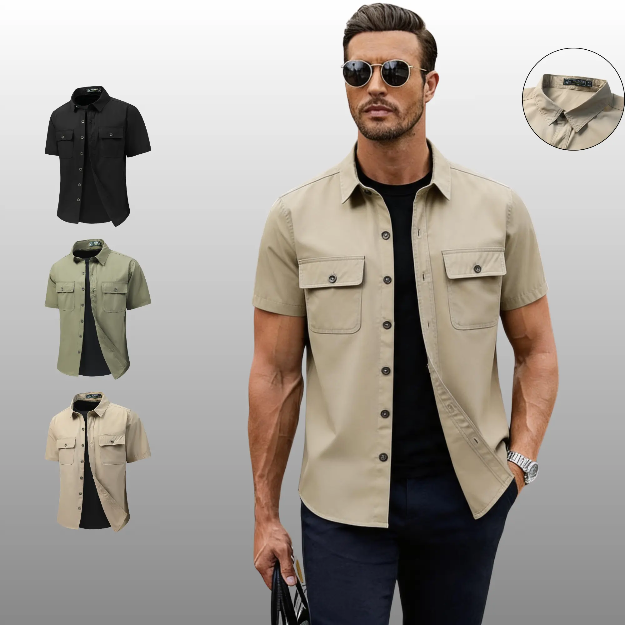Men's Durable Plain Work Shirt, Casual Shortsleeve Button-Up with Collared Neck and Reinforced Pocket for Outdoors, Durable Fabric, Cuff Sleeve, Menswear Top