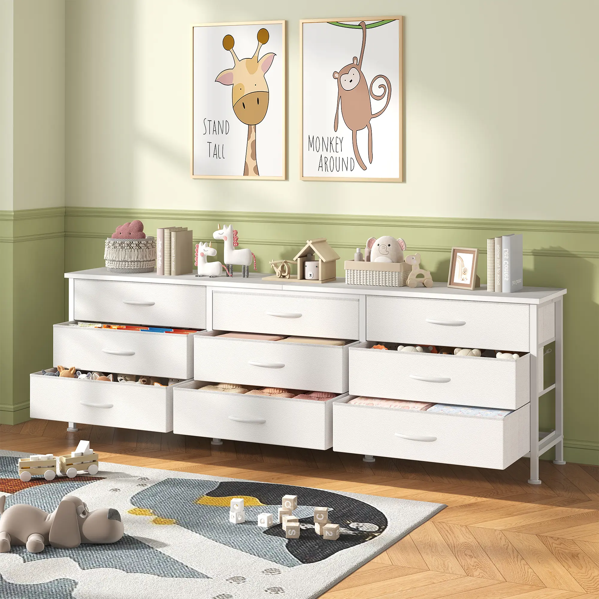 Modern TV Stand Dresser - 9 Fabric Drawers Long Entertainment Center, 75-in TV Console Cabinet, Storage Organization Furniture for Living Room Apartments with Drawer & Bedroom Organization