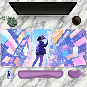 VR Gaming Pattern Mouse Pad With Wrist Rest Set 4PC Purple Large Gaming Mouse Pads Sci-fi Mouse Pad For Desk XXL Non-Slip Rubber Base Desk Pad Keyboard Mat For Office Home Desktop Protector Decor Mousepad Desk Mat Mousepads Aesthetic Ideal For Women