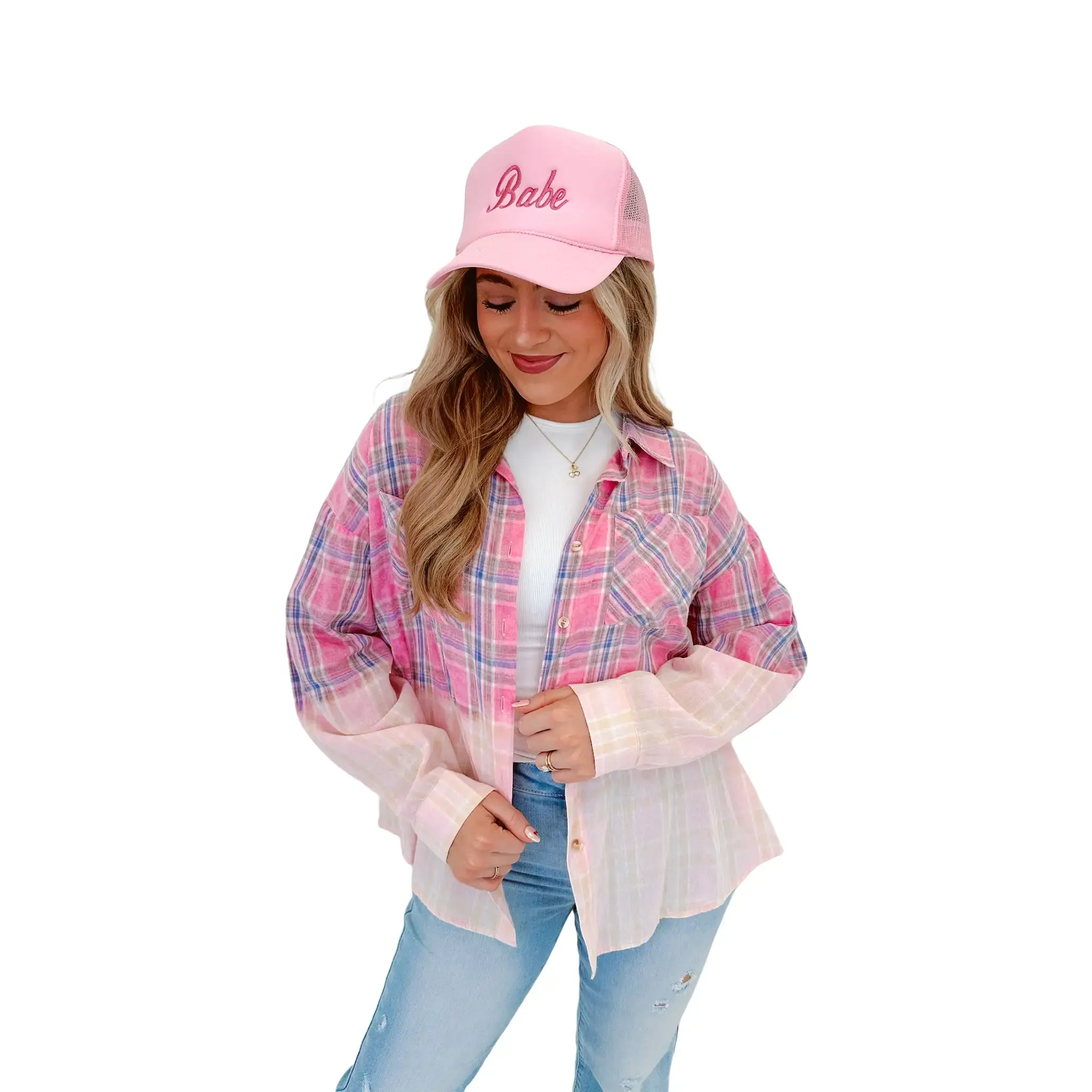 Blushing Bleach Washed Plaid Shirt