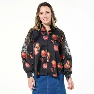 DG2 by Diane Gilman Printed Satin Blouse with Lace Detail