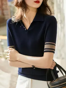 New Spring Autumn Fine Knit Polo Shirt Women Summer Versatile Stylish Short Sleeve Base Layer Top, Casual Fashion Tee