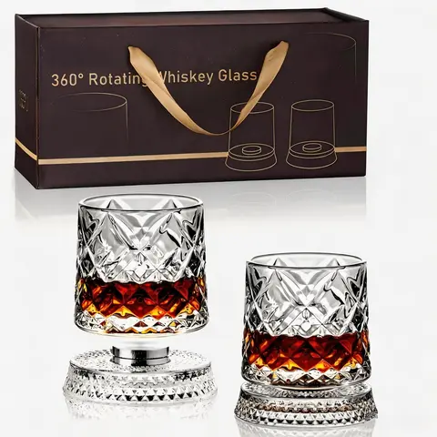 Two Packs Spinning Whiskey Glasses Cup Set, 360 Rotating  Glasses Cup with Unique Relief Base, Rotatable Cocktail Wine Cup for Flavor, Drinking Glassware & Bar Accessories - Christmas gift!