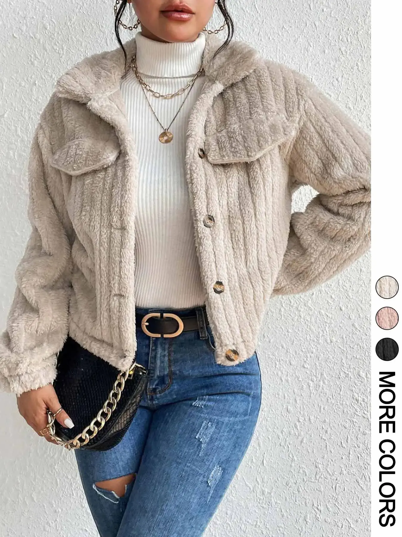Women's Plush Coat with Front Button Closure, Casual Loose-Fit Outerwear for Fall & Winter Daily Wear, Medium Weight Fabric