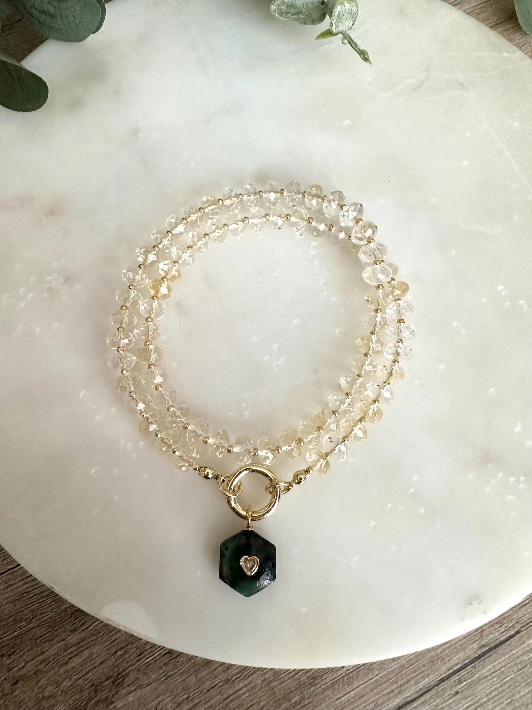 Citrine Gemstone Necklace with Emerald Heart Inlay Pendant, Gold Carabiner Clasp, Handmade Jewelry