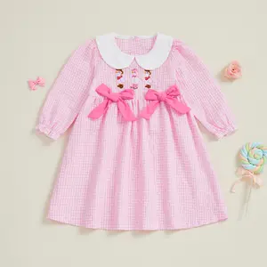 Toddler Girl Gingham Dress Western Goose Embroidered Doll Collar Long Sleeve A-line Dress with Bow Cute Fall Clothes
