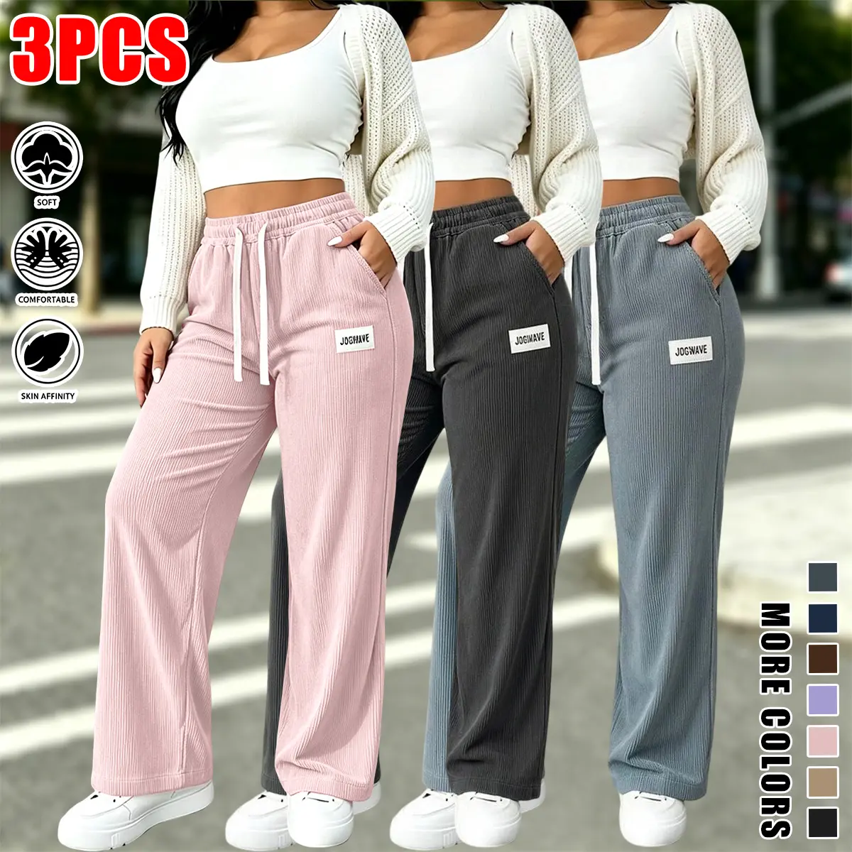 JOGWAVE Women's 3-Pack Basic Elegant Loose Corduroy Straight-Leg Long Pants, Solid Color, Elastic Drawstring Waistband, Lady's Bottoms for Outdoor Sports & Casual Wear