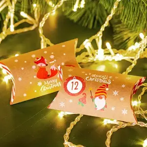 24pcs Christmas Advent Calendar Pillow Boxes, Kraft Paper Gift Packaging with Snowman, Santa, Christmas Tree Designs, Holiday Decorations