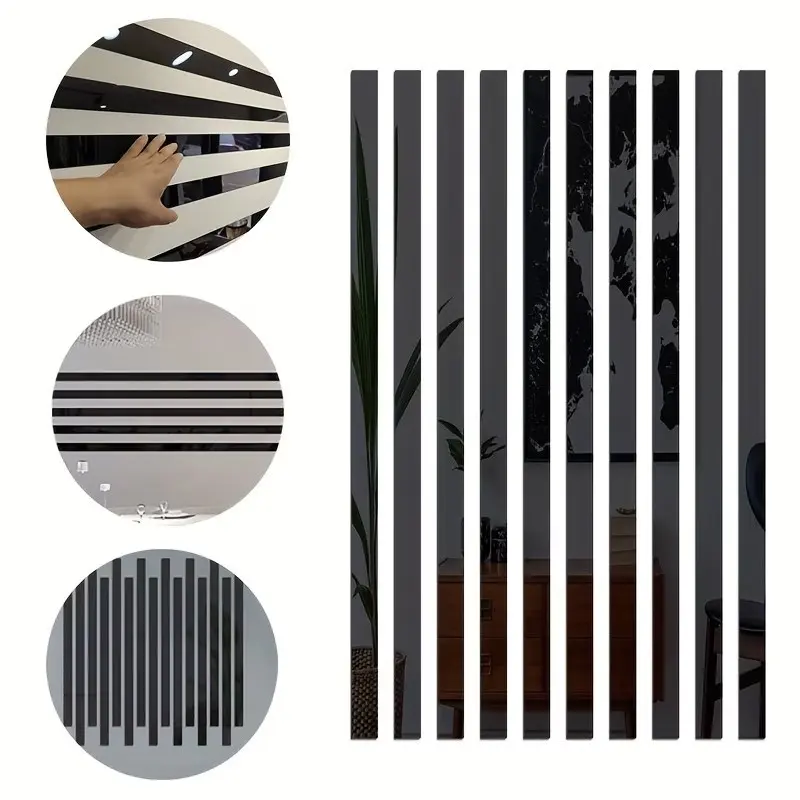 10pcs， Black long acrylic mirror wall sticker, 5x50cm self-adhesive waistline decorative strip, DIY hole free and easy to install, used for fashionable decoration, living room, bedroom, ceiling frame, TV background wall, beautiful seam sticker