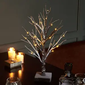 Hairui Lighted Tabletop Artificial Small Tree Snow Dusted 24 LED 18IN Battery Operated with Timer Indoor Use for Halloween Christmas Tree Decoration