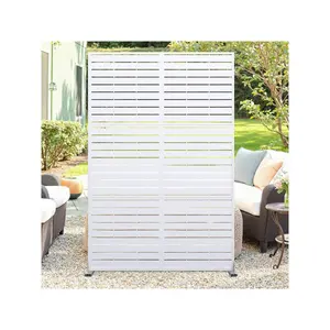 White/Horizontal Slat- Metal Privacy Screen 72" H X 47" W, Outdoor Privacy Screens And Panels, Freestanding Decorative Fence For Patio Lawn Garden Deck Balcony, 3-Panel Outdoor Divider With Stand