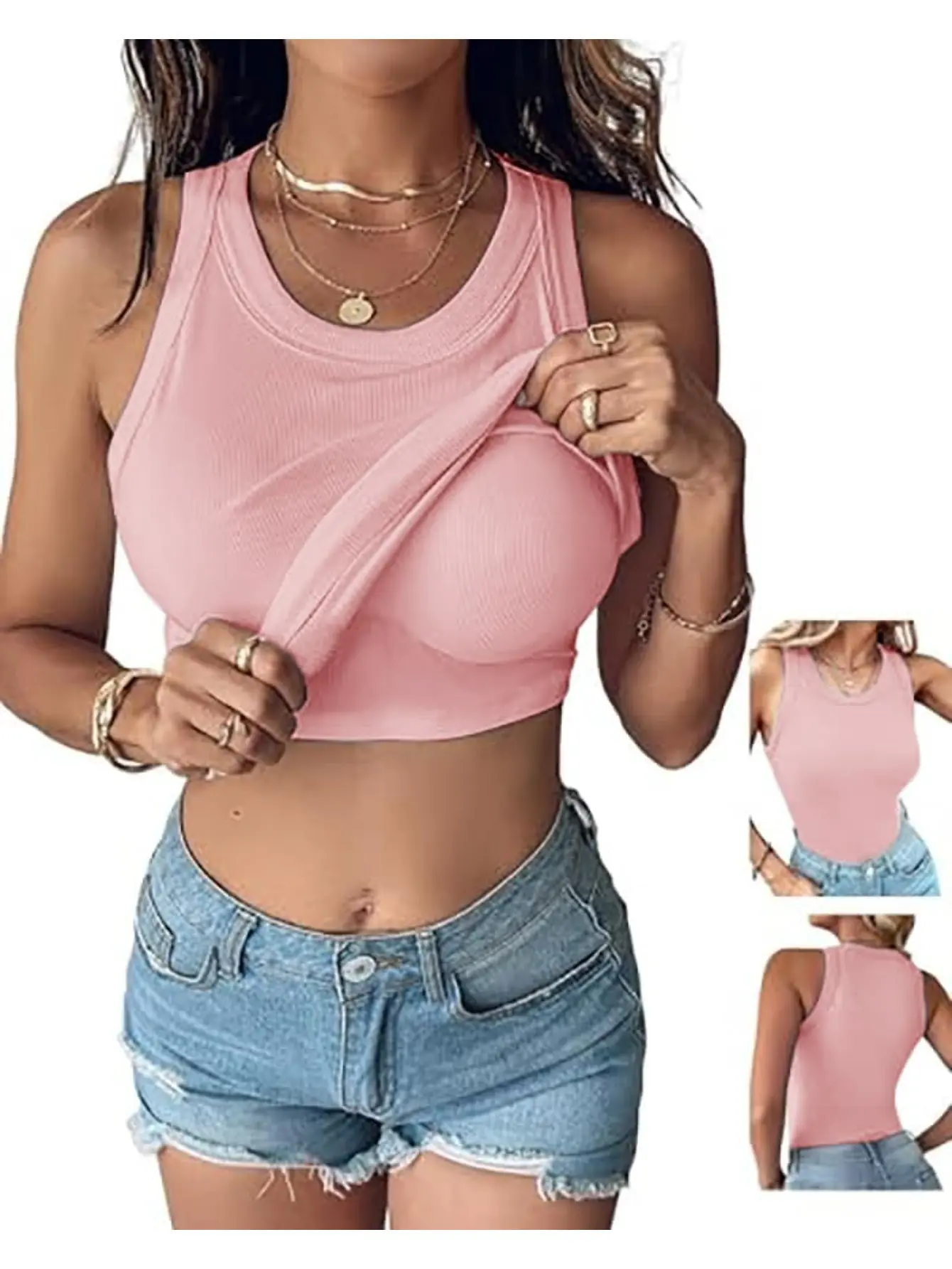 Women's Cotton All Seasons Built-In Bra Vest - Basic High-Elastic Sleeveless Round Neck Solid Color Casual Tank Top, Machine Washable Layering Piece for Office, Parties, Tank Top For Women, Women's Clothing