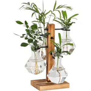 Retro Glass Bulb Vase for Plant Propagation, Hydroponic Planter with Wooden Stand, Indoor Water Propagation Station, Desktop Glass Container