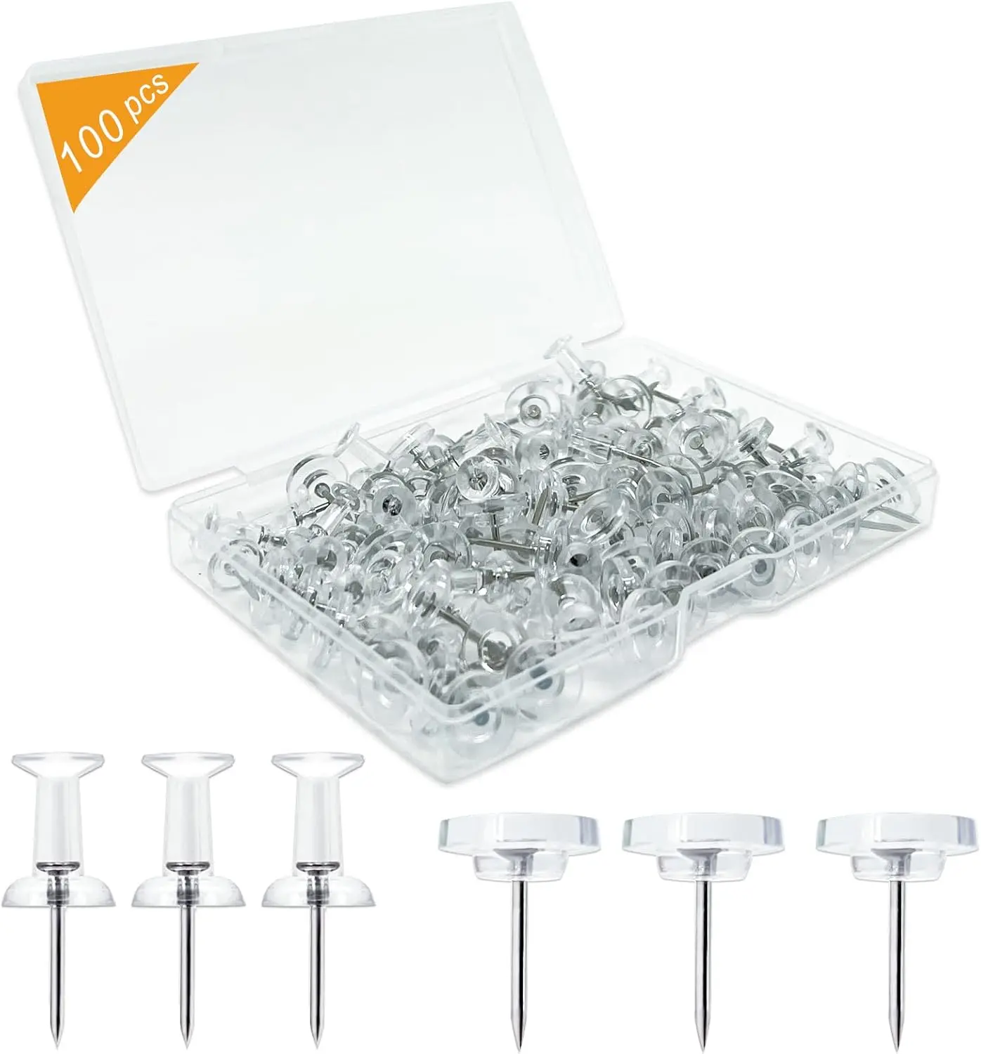100-Pack Heavy-Duty Tacks and Push Pins – Clear Flat-Head Thumbtacks with Storage Box for Office, Home, Classroom & Cork Boards Noqlyur