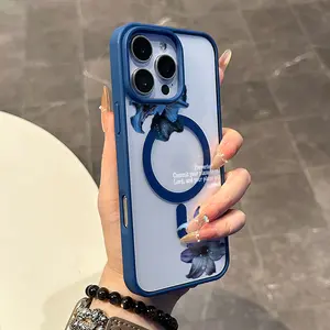 Magnetic Stylish Case for iPhone 17 16 E Pro Max 15 Plus 14 13 12 11 XS XR, Cute Dark Blue Lilies Art Print | Shockproof, Silicone, Trendy, Protective, and Aesthetic