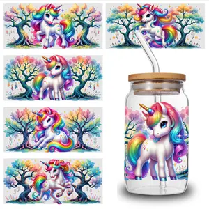 5 Sheets Unicorn Rainbow UV DTF Stickers Cartoon UV DTF Transfer Sticker for Water Cup Glass Bottle Glass Jar, Cup Wrap Sticker, Cartoon Decal, Waterproof Decorative