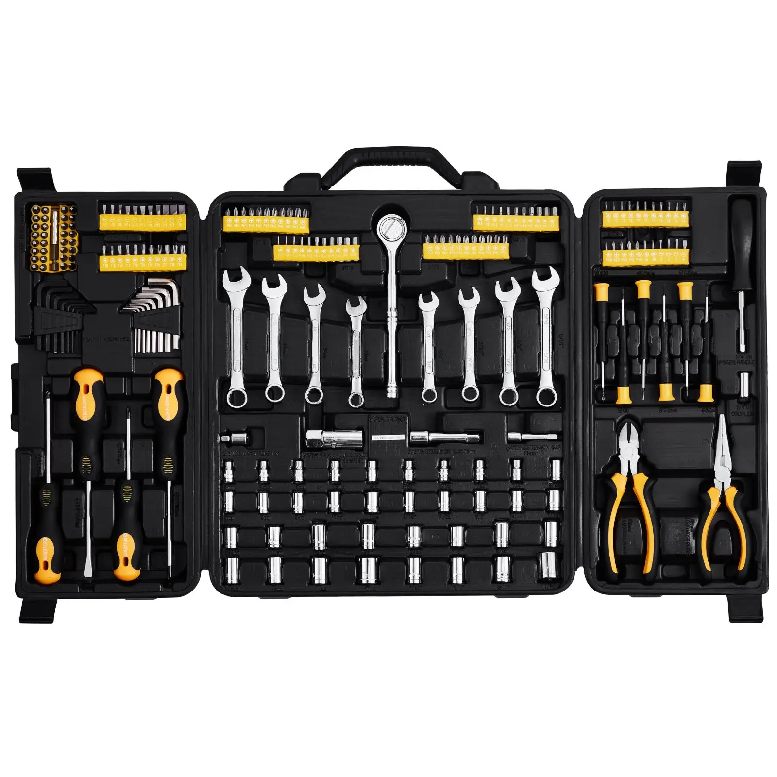 【Summerfinds】VEVOR 221-Piece Durable Alloy Steel Chrome Plated Repair Toolkit, 1/4"-&3/8"-Drive Sockets, SAE&Metric Bits, Quick Release 72-Tooth Reversible Ratchet Wrench Set, Handle, Accessories, Plastic Storage Case for Car Use