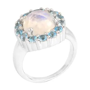 Affinity Gems Rainbow Moonstone & Swiss Blue Topaz Silver Ring