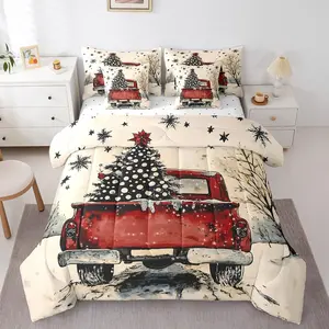 Happy New Year Bed in a Bag,7 Pieces,Xmas Pine Comforter Set,Reversible,Watercolor Snowflake Bedding Sets