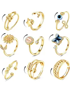 9 Pcs Fidget Anxiety Rings for Women Men Spinner for Anxiety Relieving Stress Anti Anxiety Jewelry Open CZ Flower Moon Star Anti Rotatable Rings Adjustable Statement Multi Ring