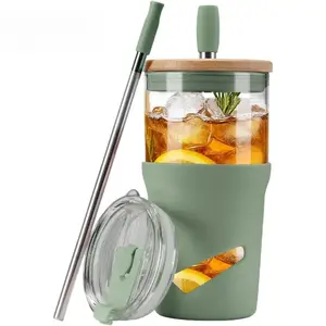 Eco-friendly 20oz Glass Tumbler with bamboo lid, 2-in-1 straw & anti-slip silicone sleeve. Perfect for iced coffee, smoothies & more! Durable, stylish & great for on-the-go hydration! Gift for Him & Her #   1
