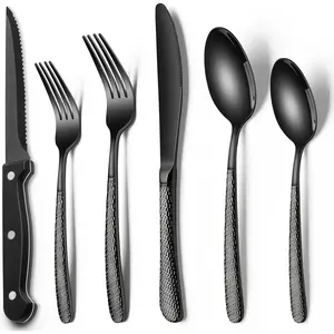 24- Black Silverware Set with Steak , Black Flatware Set for 4, -Grade Stainless Steel Tableware Cutlery Set, Mirror Finished Utensil Sets for  Restaurant, Round Hammered