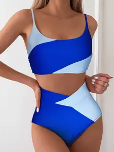 New Women's Swimsuit High-End Solid Color Contrast Two-Piece Set, High Stretch Bikini, Stylish Beachwear for Summer, Comfortable and Trendy Swimwear