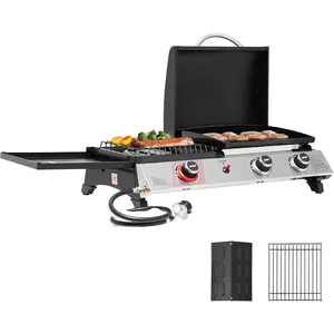 Burner Propane Gas Grill and Griddle Combo with Lid, 3-in-1 Grill Griddle Combo with 29,000 BTUs Output for Outdoor Cooking, 364 Sq.In.Cooking Area, Silver & Black