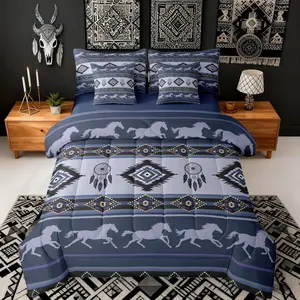 Boho Aztec Kids 7 Pieces Comforter Set,American Southwest Native Tribal Reversible Quilt Set,Ethnic Horse Navy Blue Bedding Set