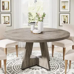 TRIBEWOOD Round Dining Table for 4-6 People, 47 Inches Dining Room Table with Wooden Pedestal Base, Grey Dinner Tables, Circle Kitchen Tables for Dining Room, Kitchen, Living Room