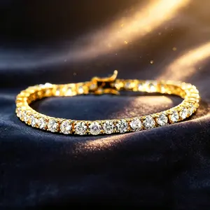Golden Plated Tennis Chain Bracelet - Sparkling Round Cut Synthetic Zircon, Classic Chain Link Design, Women's Stackable Eye catching Jewelry, Suitable for Daily, Party, and Gift giving Scenarios