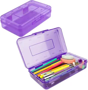 Pencil Box, Clear Pencil Case, Large Capacity Plastic Hard Pencils Case Crayon Box with Snap-Tight Lid Stackable for Kids Adult Student Pens Pencils School Supplies Storage Office Supplies, Purple
