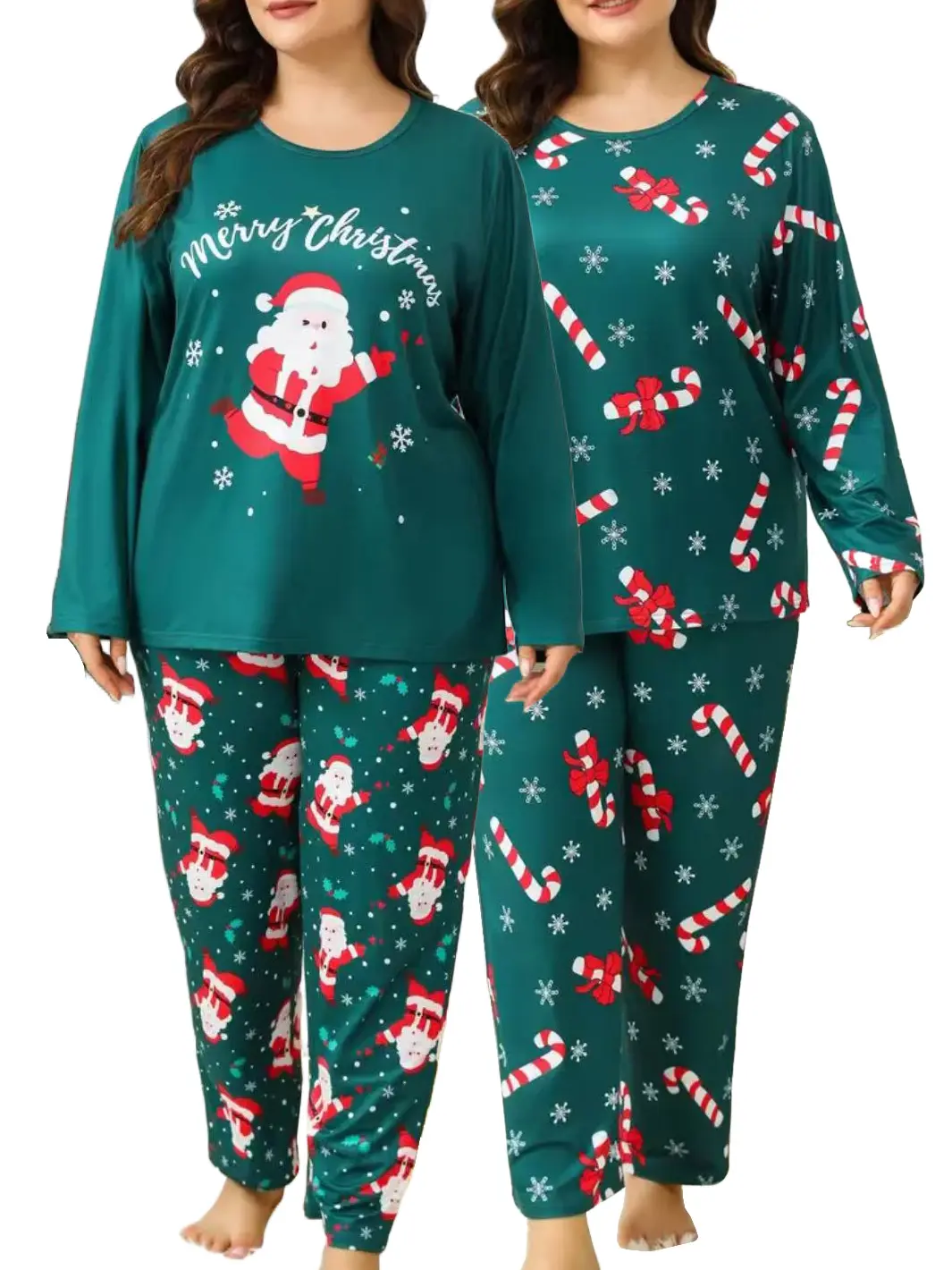 Women's Plus Size Long-Sleeve Christmas Pyjama Set - Smooth Milk Silk Fabric, Loose Santa/Candy Cane Print Pants, Comfortable Sleepwear for Holiday Pajama Parties
