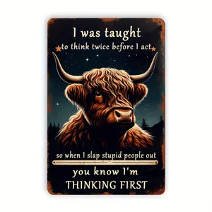 Aluminum Metal Sign Art Set of 1, "Think Twice Act Wisely" Highland Cow Design, Inspirational Quote Wall Decor for Room, Cafe, Living Space, School, Bookshop, Library