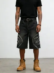 Men's Loose Fit Denim Shorts with Embroidery Design, Y2K Streetwear Hip Hop Rock Fashion, Ideal for Casual and Outdoor Activities