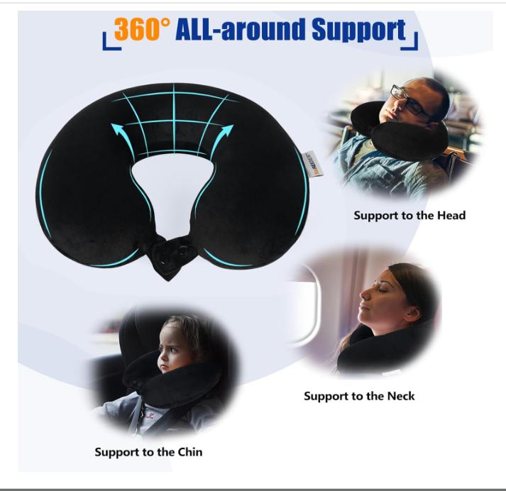 SAIREIDER Travel Pillow 100% Pure Memory Foam Travel Neck Pillow, Airplane Pillow for Traveling、Car、Home、Office，Washable Cover（Black）
